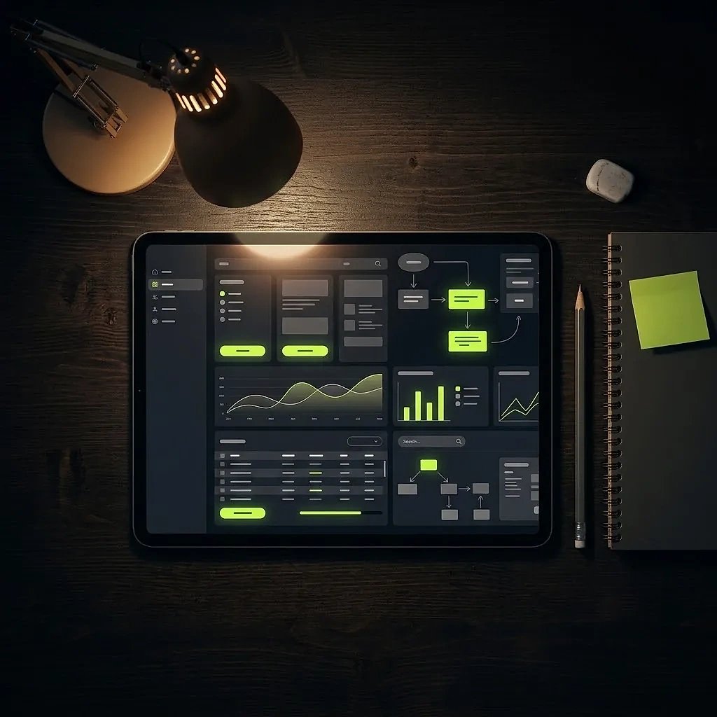 Una tablet con el sistema terminado: paneles, gráficos y diagramas