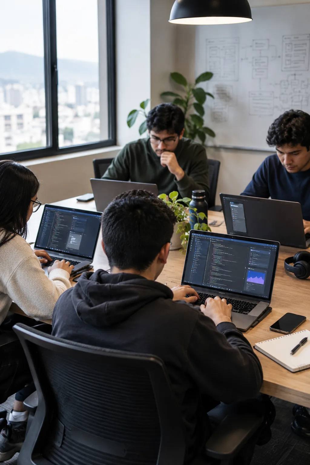 Cuatro personas programan en sus laptops alrededor de una mesa de oficina